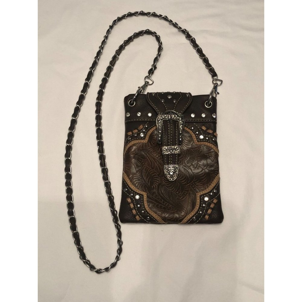 Saddle Rhinestone Studded Buckle Brown Chain Crossbody Bag Purse